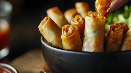 A close-up view of crispy spring rolls being dipped in a spicy sauce, showcasing the texture and appeal of this popular Asian appetizer. Perfect for any gathering.の素材