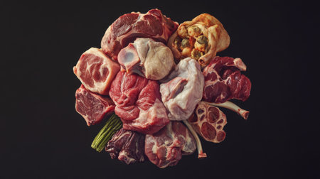 A vibrant assortment of raw meats displayed on a black background, showcasing various cuts and types, ideal for culinary and food-related themes.の素材