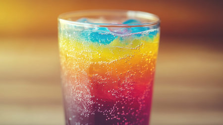 A closeup of a vibrant layered drink with bubbles and ice cubes, showcasing a colorful gradient from red to yellow. Perfect for summer parties and festive gatherings.の素材