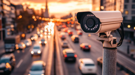 A surveillance camera overlooks a bustling city street during dusk, capturing the movement of vehicles under warm sunset hues. Ideal for security themes.の素材