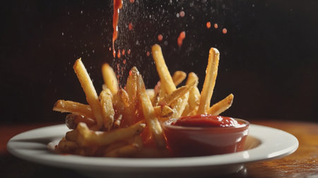 A close-up view of golden crispy French fries served with a small bowl of ketchup. Perfect for capturing the essence of comfort food and indulgence.の素材