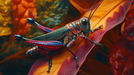A vibrant grasshopper perched on an exotic leaf, showcasing intricate patterns and vivid colors. This macro shot captures the beauty of nature's designs.の素材