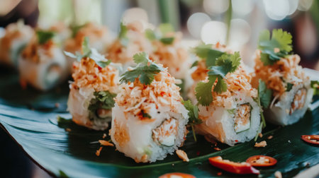 Delight in these beautifully presented sushi rolls topped with fresh herbs and crunchy garnishes, perfect for any culinary occasion or dining experience.の素材