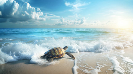 A serene turtle makes its way along the sandy beach, with gentle waves crashing nearby under a stunning sunrise. Ideal for nature and wildlife themes.の素材