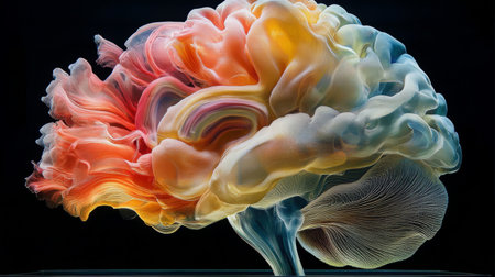 A mesmerizing abstract portrayal of a human brain, showcasing vibrant colors and fluid shapes that symbolize creativity and imagination. Perfect for art and science themes.の素材