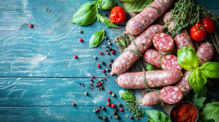 A beautiful arrangement of fresh sausages, vibrant herbs, and tomatoes on a rustic wooden table, perfect for culinary presentations and gourmet dishes.の素材