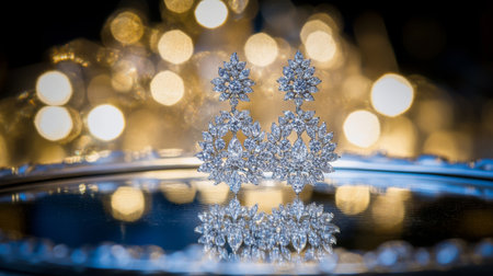 Beautiful diamond earrings are showcased on a reflective surface, surrounded by warm bokeh lights, creating a glamorous and stylish ambiance perfect for special occasions.の素材