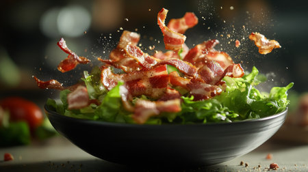 A vibrant bowl of fresh greens topped with crispy bacon, perfect for a delicious meal. Ideal for showcasing healthy eating and culinary delights.の素材