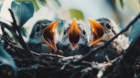Three hungry baby birds with open beaks await food in their nest. This vibrant scene captures the essence of wildlife and the joys of nurturing in nature.の素材