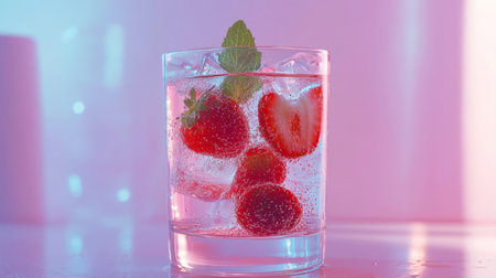 A vibrant drink featuring fresh strawberries and mint, served over ice. Perfect for summer refreshment, this beverage combines flavors and aesthetic appeal.の素材