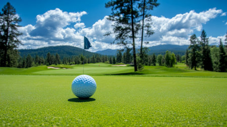 A close-up view of a golf ball resting on a lush green surface with a scenic backdrop of trees and hills under a bright blue sky. Perfect for sports themes.の素材