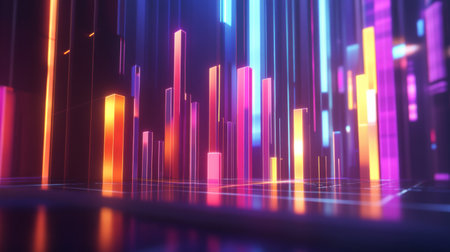 A stunning abstract digital cityscape featuring vibrant neon colors and glowing bars. Perfect for technology, innovation, and modern art themes.の素材