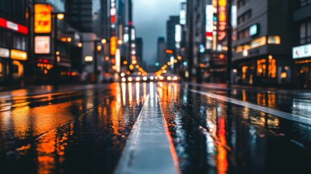 A captivating urban scene capturing reflections on a wet street during nighttime. Bright lights illuminate the surroundings, creating a vibrant atmosphere.の素材