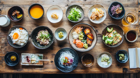 An enticing spread of Japanese cuisine on a wooden table, featuring a variety of dishes including sushi, rice, and fresh vegetables, perfect for sharing.の素材