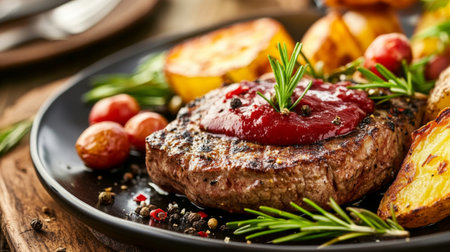 A beautifully plated juicy steak topped with sauce, surrounded by colorful roasted vegetables and fresh herbs, creating an appetizing dinner presentation.の素材