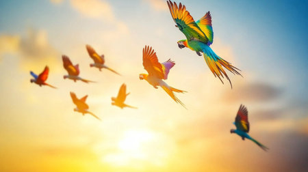 A stunning scene of vibrant parrots in flight against a picturesque sunset, showcasing their colorful feathers and the beauty of nature. Perfect for wildlife enthusiasts.の素材