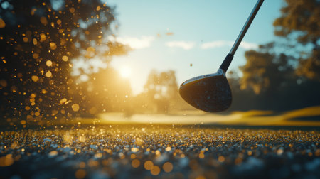 Dynamic golf swing captured at sunrise, showcasing a club in motion with dew drops on the grass, evoking energy and excitement in the sport.の素材
