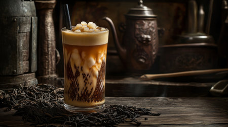 A delicious iced beverage featuring creamy foam and a caramel swirl, beautifully set in a vintage-style kitchen, perfect for a refreshing sip.の素材