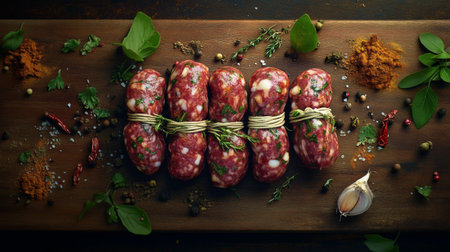 This image showcases fresh sausages arranged elegantly on a wooden board, surrounded by herbs and spices, perfect for culinary use or promotional materials.の素材