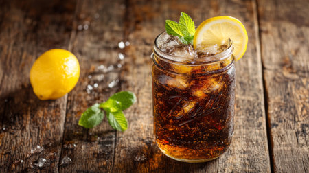 A refreshing drink served in a mason jar, featuring ice, mint, and a slice of lemon, set on a rustic wooden surface for a summer vibe.の素材