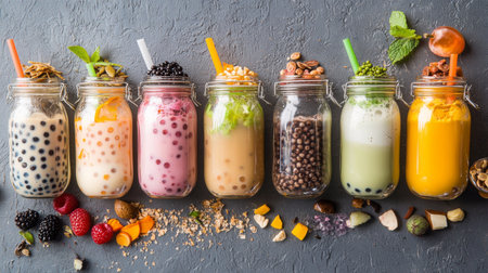 A vibrant collection of refreshing drinks in jars showcases a variety of flavors and ingredients, perfect for summer gatherings and celebrations.の素材
