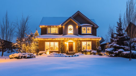 A charming winter home adorned with bright holiday lights, nestled in fresh snow. The inviting atmosphere creates a warm and festive scene during the evening.の素材