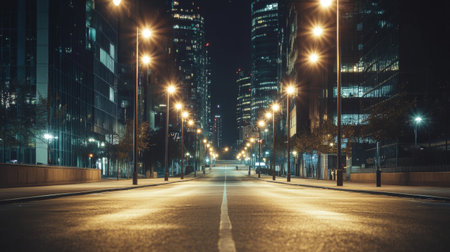 A quiet city street at night illuminated by bright streetlights, showcasing modern architecture and a tranquil atmosphere. Ideal for urban themes.の素材