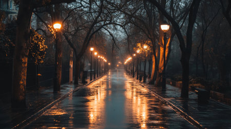 A peaceful rainy night scene in a park featuring illuminated street lamps reflecting on a wet pathway. The trees create a serene, atmospheric backdrop.の素材
