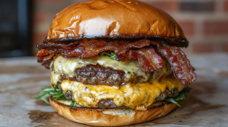 A mouthwatering burger stacked high with crispy bacon, melted cheese, and juicy beef patty. Perfect for food lovers seeking a delicious meal option.の素材