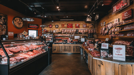 A vibrant meat market featuring an array of fresh cuts and local products. The rustic decor enhances the shopping experience for meat lovers.の素材