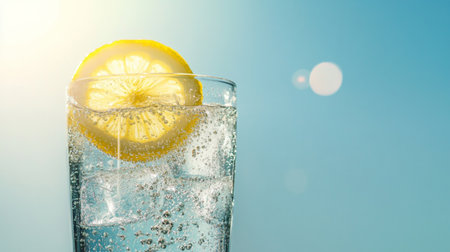 A refreshing glass of lemonade with ice and a lemon slice, set against a bright sunny background, perfect for summer heat and relaxation.の素材