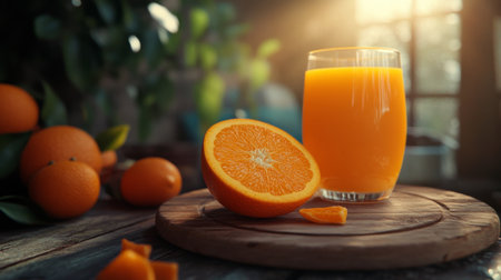 A refreshing glass of orange juice surrounded by fresh oranges, perfect for a sunny morning. The vibrant colors and natural light create an inviting atmosphere.の素材
