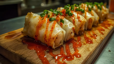 Enjoy a vibrant plate of fresh spring rolls drizzled with a spicy sauce, perfect as an appetizer or a tasty snack for any gathering.の素材