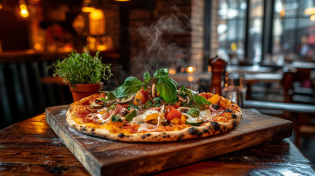 A freshly baked pizza garnished with herbs and vegetables, served on a rustic wooden table. The warm steam rises, creating a cozy dining atmosphere.の素材