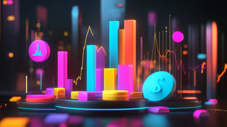 Colorful and dynamic data visualization featuring various charts and finance elements, perfect for illustrating modern economic concepts and analytics.の素材