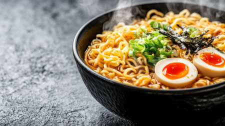 Indulge in a steaming bowl of ramen featuring tender noodles, savory broth, and perfectly cooked soft-boiled eggs, ideal for a comforting meal or quick snack.の素材