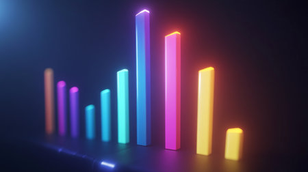 Colorful neon bar graph illuminated against a dark background, representing data visualization. Ideal for business presentations, reports, or marketing materials.の素材