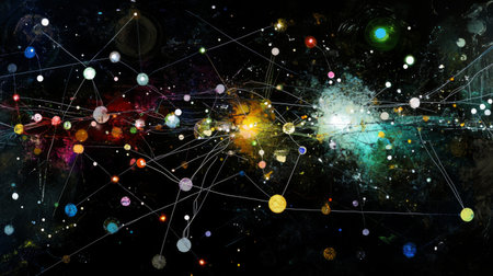 Explore a captivating cosmic network showcasing stars and galaxies interconnected by lines. This artistic representation captures the beauty and mystery of the universe.の素材