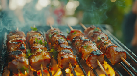 Juicy skewers cooking over an open flame on a barbecue grill. The delicious aroma of grilled meat and smoke fills the air, perfect for a summer feast.の素材