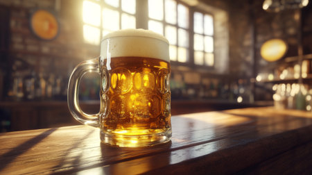 A glass of refreshing amber beer stands on a wooden bar, illuminated by warm sunlight filtering through the windows, inviting moments of cheer and relaxation.の素材