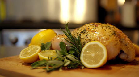 A beautiful presentation of fresh roasted chicken with lemon and herbs, perfect for culinary inspiration in home cooking or food photography.の素材