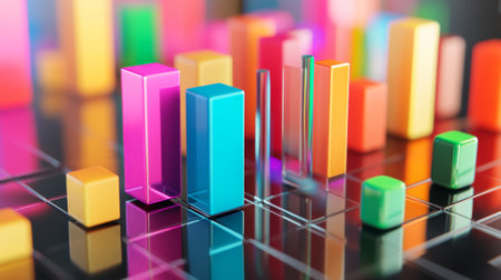 A vibrant and colorful abstract representation of data visualization with bars of varying heights, showcasing modern technology and business insights.の素材