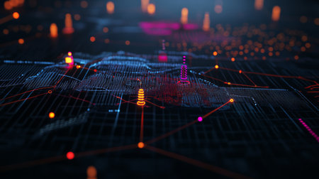 An abstract digital map featuring colorful network connections and glowing nodes. This technology visualization represents data flow and modern analytics.の素材