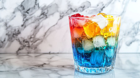 A vibrant drink with layers of color and ice sits on a marble surface, perfect for summer gatherings. Ideal for reflecting refreshment and creativity.の素材