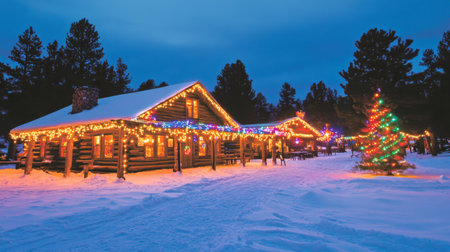 A charming log cabin adorned with colorful holiday lights surrounded by a snowy landscape, creating a cozy and festive atmosphere for winter evenings.の素材