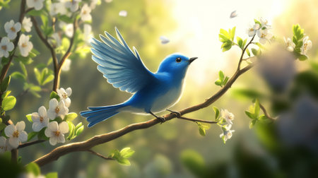A charming blue bird perches gracefully on a blossoming branch, surrounded by delicate flowers and lush greenery, capturing the essence of springtime beauty.の素材