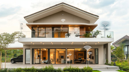 A modern house showcasing innovative design and Wi-Fi connectivity, set against a tranquil urban landscape. Ideal for showcasing smart living concepts.の素材