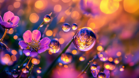 A stunning close-up of vibrant flowers adorned with shimmering dew drops, set against a beautiful bokeh background, capturing the essence of nature's beauty.の素材