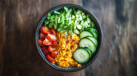 A vibrant and healthy meal featuring rice, fresh tomatoes, cucumbers, and greens in a rustic bowl. A perfect representation of wholesome eating.の素材