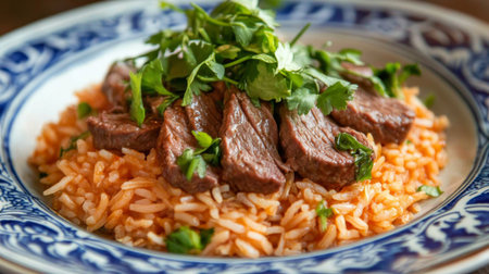 A vibrant plate of savory beef served on fluffy rice, topped with fresh cilantro. This dish combines rich flavors, perfect for any meal occasion.の素材